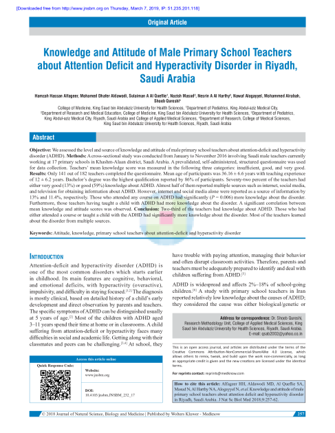 Knowledge and Attitude of Male Primary School Teachers about Attention Deficit and Hyperactivity Disorder in Riyadh, Saudi Arabia