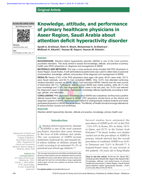 Knowledge, attitude, and performance of primary healthcare physicians in Aseer Region, Saudi Arabia about attention deficit hyperactivity disorder