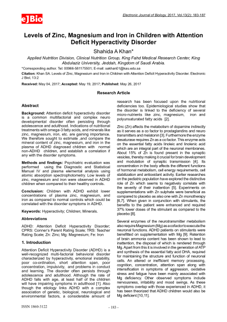 Levels of Zinc, Magnesium and Iron in Children with Attention Deficit Hyperactivity Disorder