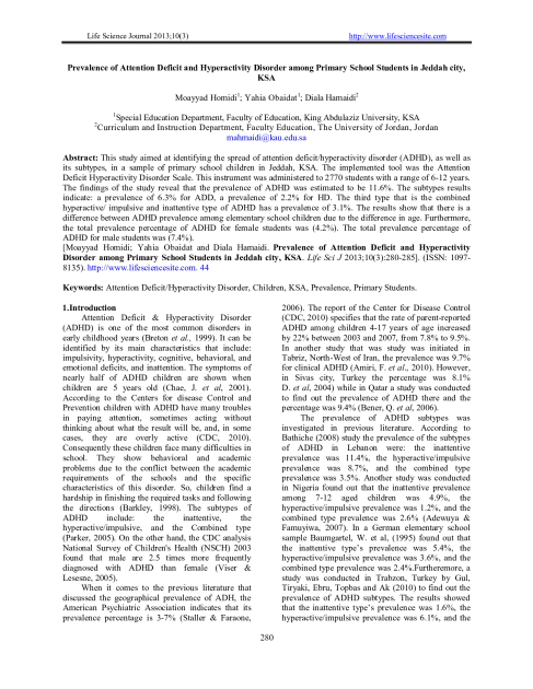 Prevalence of Attention Deficit and Hyperactivity Disorder among Primary School Students in Jeddah city, KSA