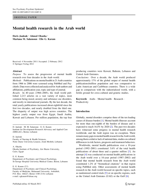 Mental health research in the Arab world