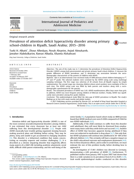 Prevalence of attention deficit hyperactivity disorder among primary school-children in Riyadh, Saudi Arabia; 2015-2016