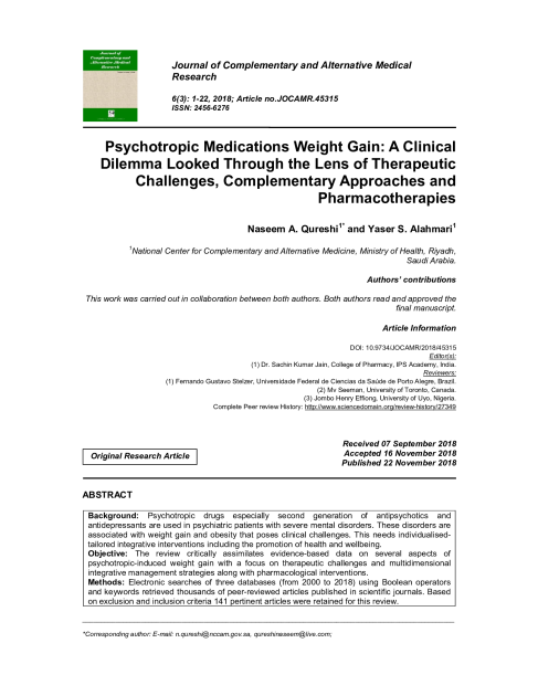 Psychotropic Medications Weight Gain: A Clinical Dilemma Looked Through the Lens of Therapeutic Challenges, Complementary Approaches and Pharmacotherapies