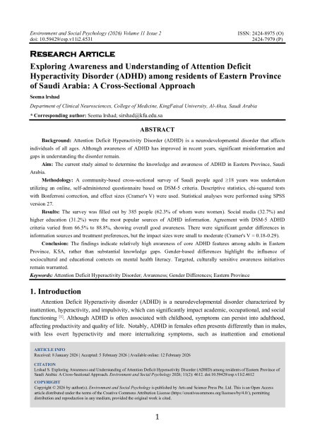Exploring Awareness and Understanding of Attention Deficit Hyperactivity Disorder (ADHD) among residents of Eastern Province of Saudi Arabia: A Cross-Sectional Approach