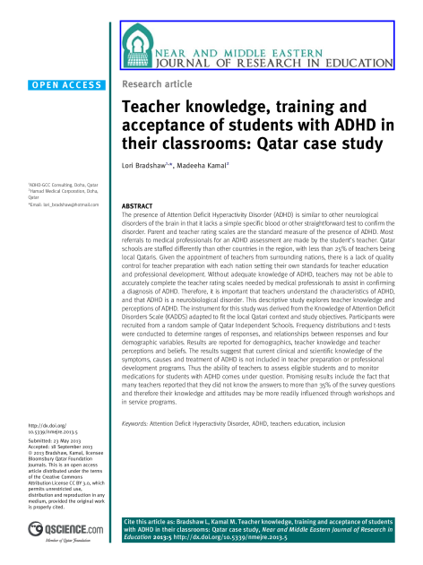 Teacher Knowledge Training and Acceptance of Students with ADHD in their Classrooms Qatar Case Study