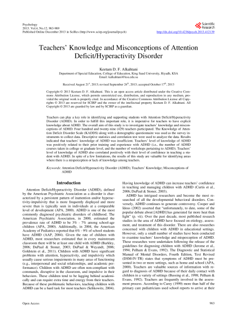 Teachers’ Knowledge and Misconceptions of Attention Deficit/Hyperactivity Disorder