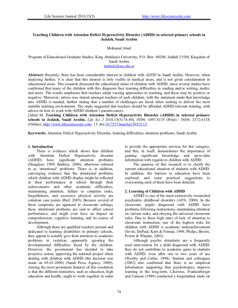 Teaching Children with Attention Deficit Hyperactivity Disorder (ADHD) in selected primary schools in Jeddah, Saudi Arabia