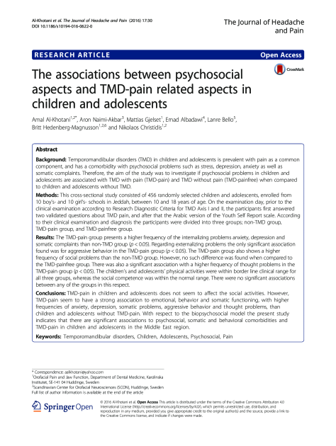 The associations between psychosocial aspects and TMD-pain related aspects in children and adolescents