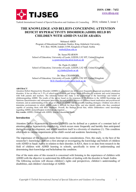 The knowledge and beliefs concerning attention deficit hyperactivity disorder (ADHD) held by children with ADHD in Saudi Arabia