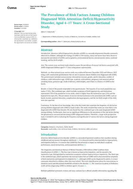 The Prevalence of Risk Factors Among Children Diagnosed With Attention-Deficit/Hyperactivity Disorder, Aged 4–17 Years: A Cross-Sectional Study